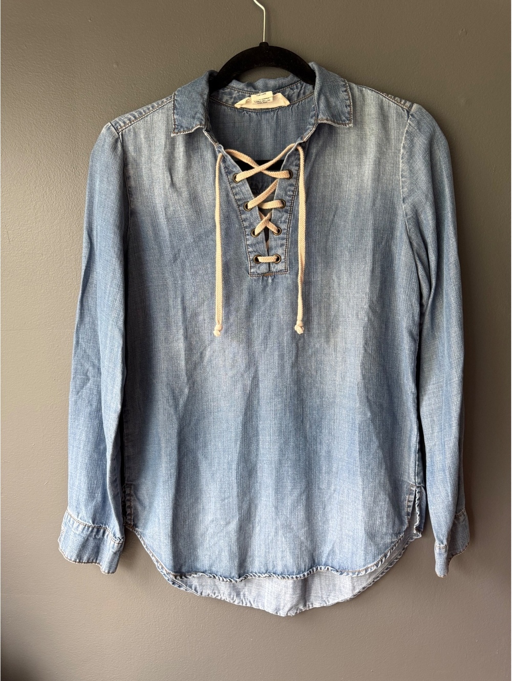 Light Blue Denim Lace-Up Long Sleeve Shirt XS